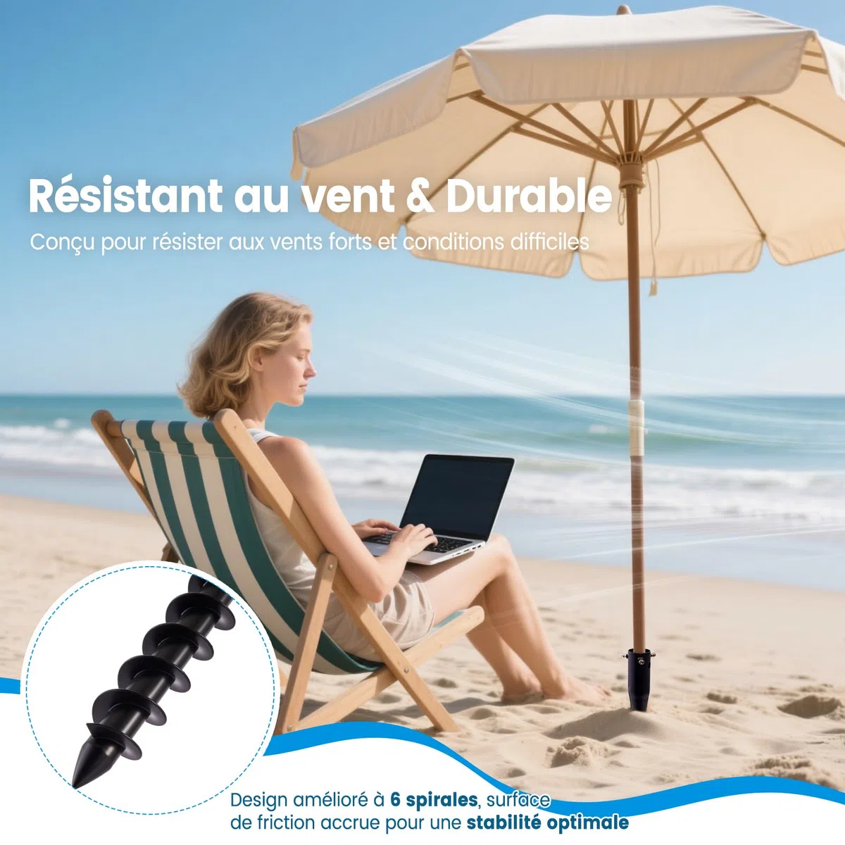 Robuste Pied Parasol et Ancrage Sechoir Parapluie, Piquet de Terre à Spirale 6 Tours pour Parasol de Plage, Jardin et Terrasse, Léger avec Boutons Réglables (2,5–5 Cm), Support Parasol Anti-vent
