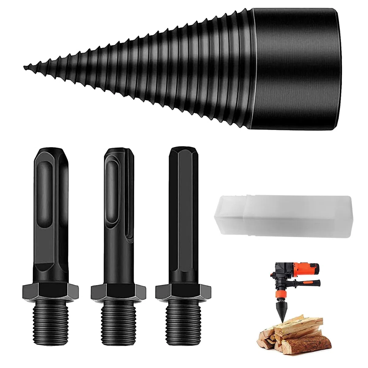 Fendeuse Bois Cône, Fendeur de Buche 32mm pour Perceuse Électrique, Fendeuse à Bois, Foret à Fendeuse à Bois avec 3 Poignées, Carré/Rond/Hexagonal