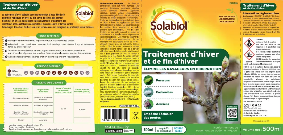 SOLABIOL Traitement D'Hiver & De Fin D'Hiver - 500ml - Traitement Préventif - Elimine Œufs & Larves - Jusqu'à 25L De Solution SOHIV500N