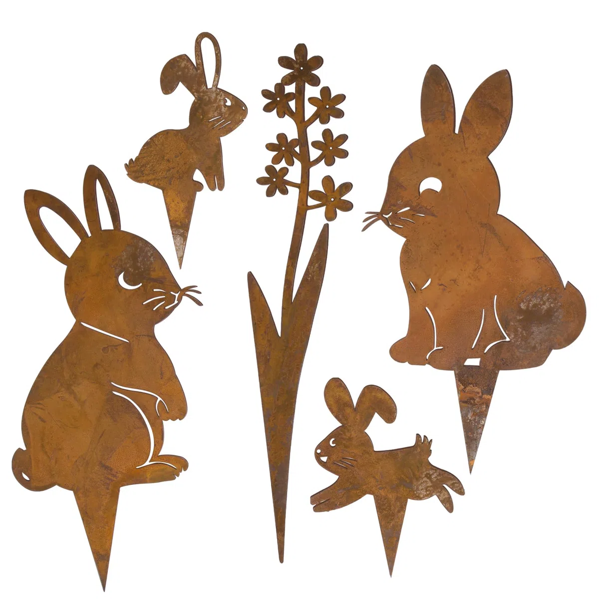 BOFUNX 5pcs Signes de Cour Pâques Signe de Pelouse en Fer Rouillé Forme de Lapin Panneaux de Pâques Piquets de Jardin Décorations Extérieures Jardin de Pâques