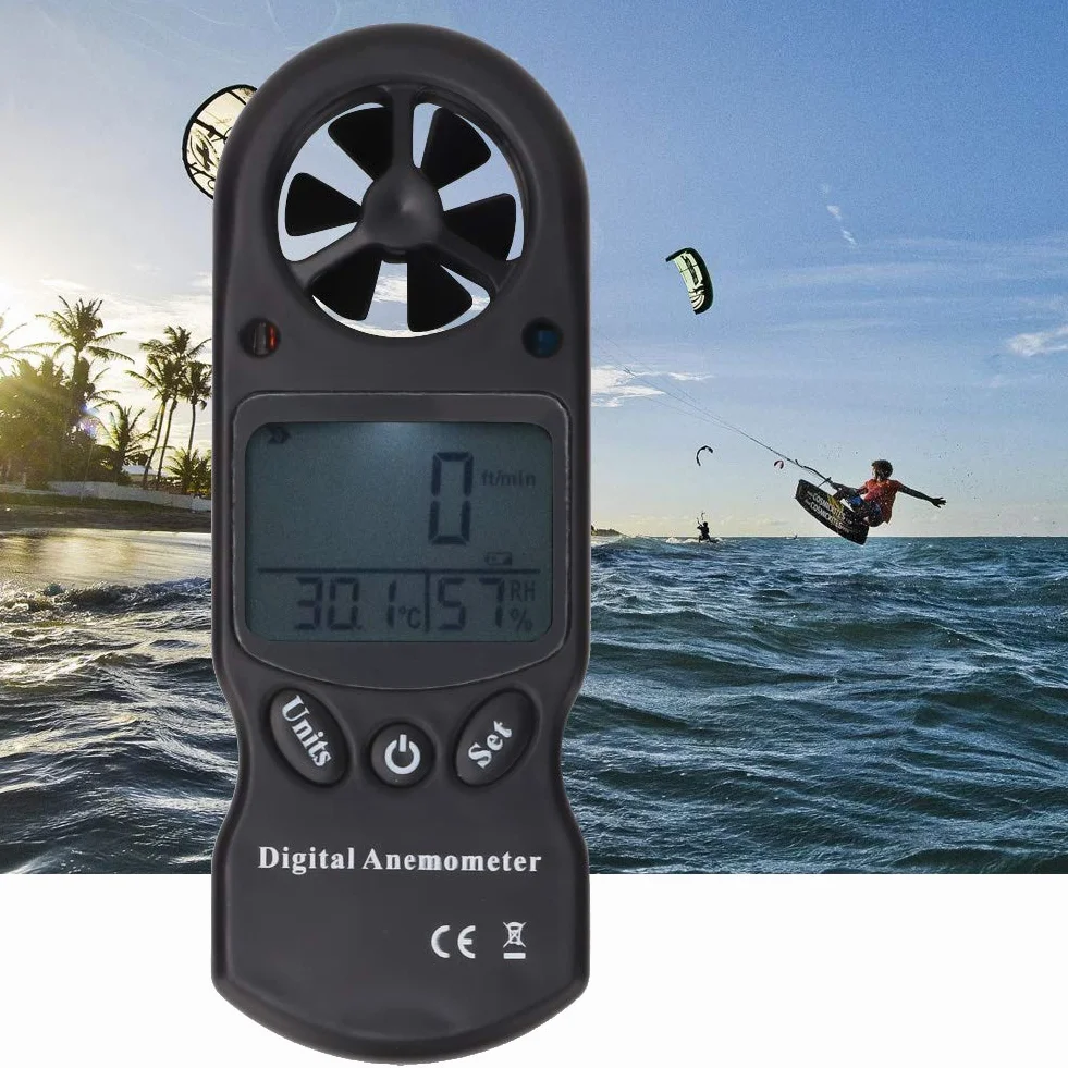 Anémomètre Portable 3-en-1, Électrique Anémomètre + Thermomètre + Hygromètre, Mini-Anémomètres Numérique Tl-300 Avec Écran Lcd, pour Les Sports de Plein Air Et Le Surf