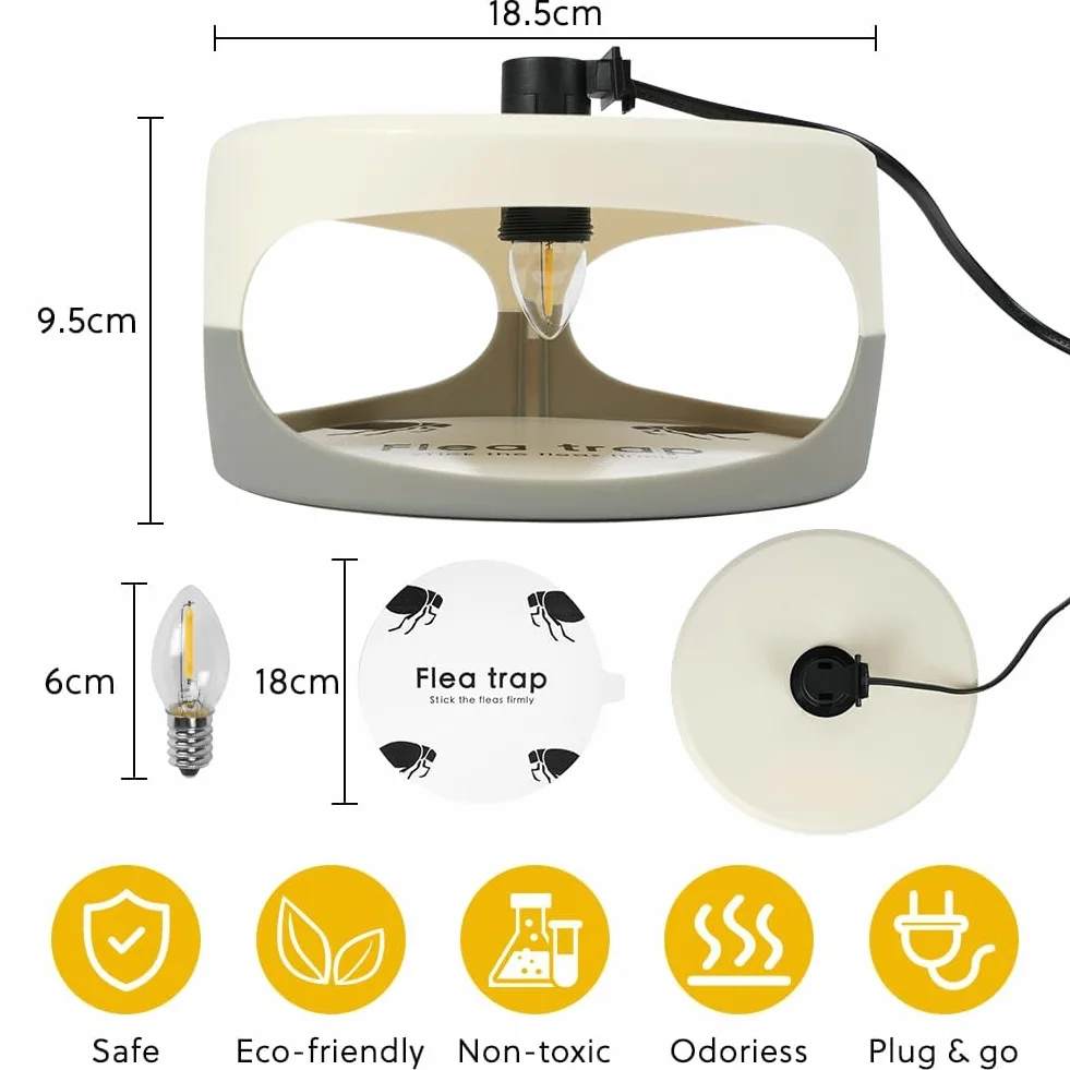 Flintronic Piège à Puces, 2PCS Piège pour Puces, Piège à Puces Maison, Lampe Piège À Puces avec 4 Ampoules 12 Disques Adhésifs, sans Odeur, Naturel