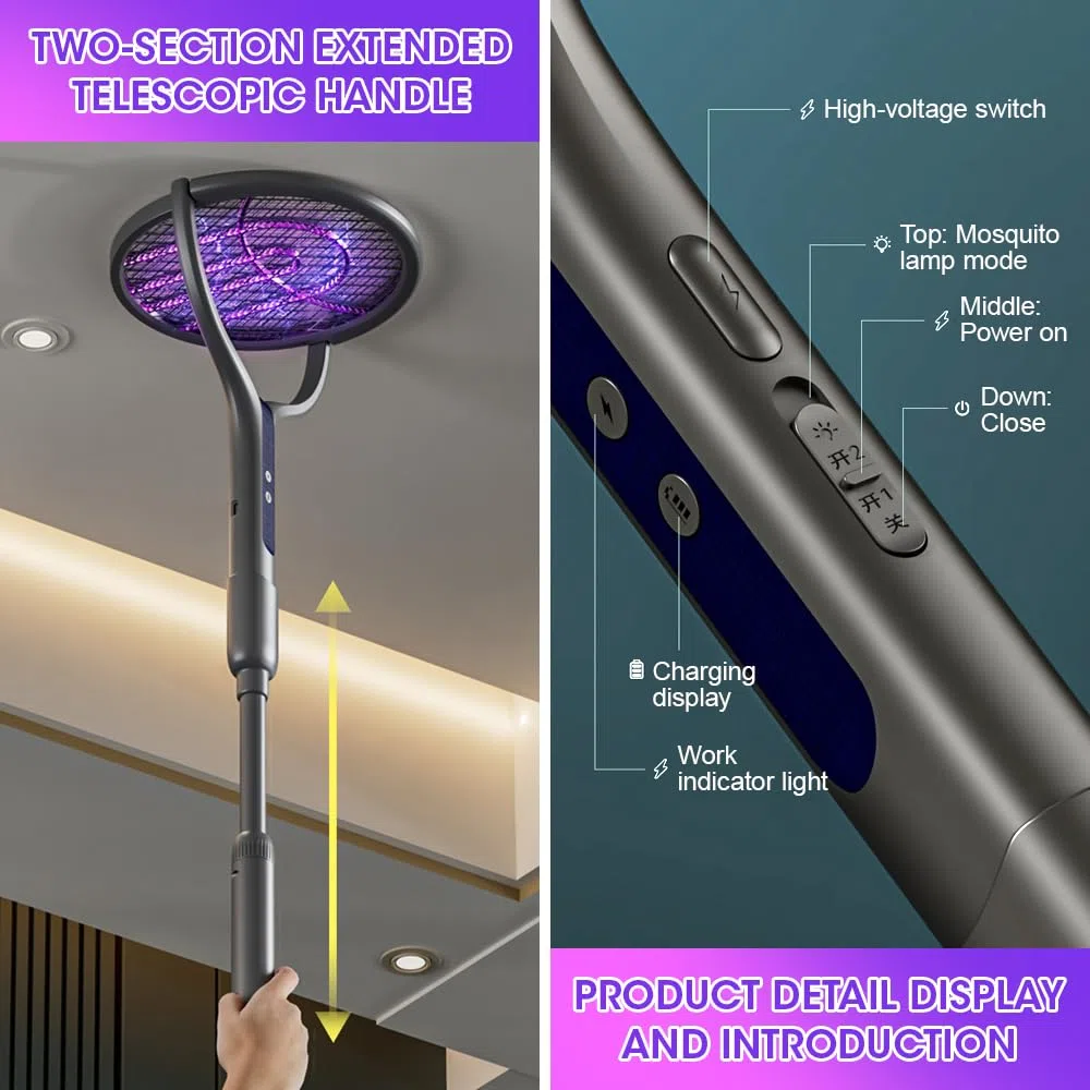Tapette à Mouches électrique Rechargeable à tête Rotative, Tapette à Mouches électrique avec Tige d'extension Télescopique, Extra Puissante 2800 V avec Piège à Lumière UV pour l'intérieur