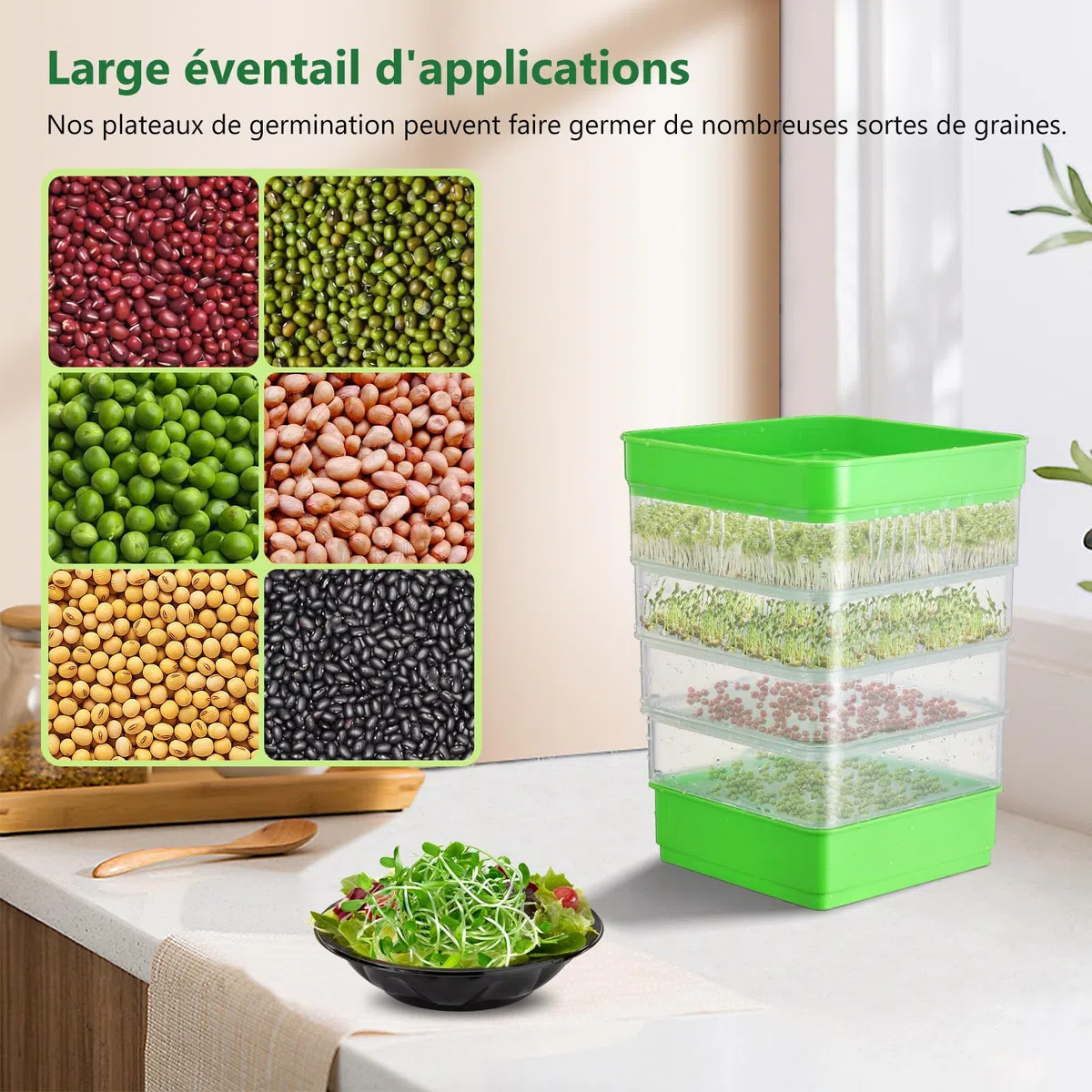 Kit de Germination de graines, kit de Culture de germes de Haricots à 4 étages, Plateaux de Culture de Micro-organismes Verts empilables pour Haricots, Luzerne et Herbe de blé