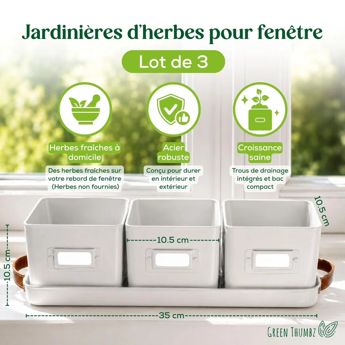 Green Thumbz Jardinière Herbes Aromatiques avec Poignée en Cuir - Idéal pour Basilic en Pot Herbes Aromatiques à Planter - avec Bac de Récupération et Trou de Drainage (Blanc)
