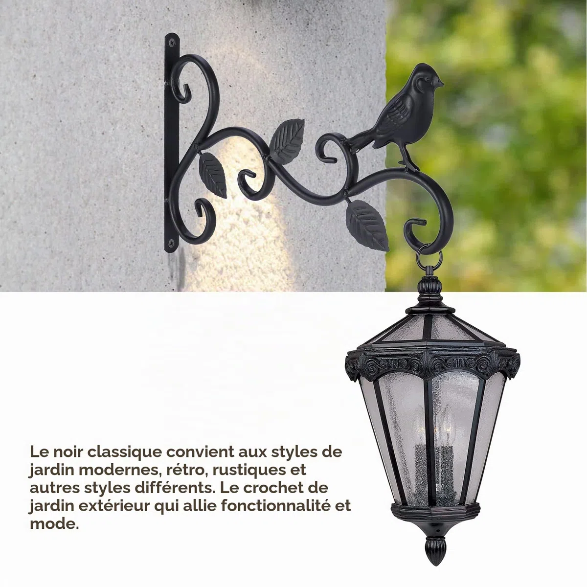 Kyrio Lot de 2 supports de panier à suspendre pour extérieur, 30,5 cm, crochets décoratifs en métal pour plantes suspendues, mangeoires à oiseaux, lanternes (3 feuilles), Noir, 30cm L x 19cm H