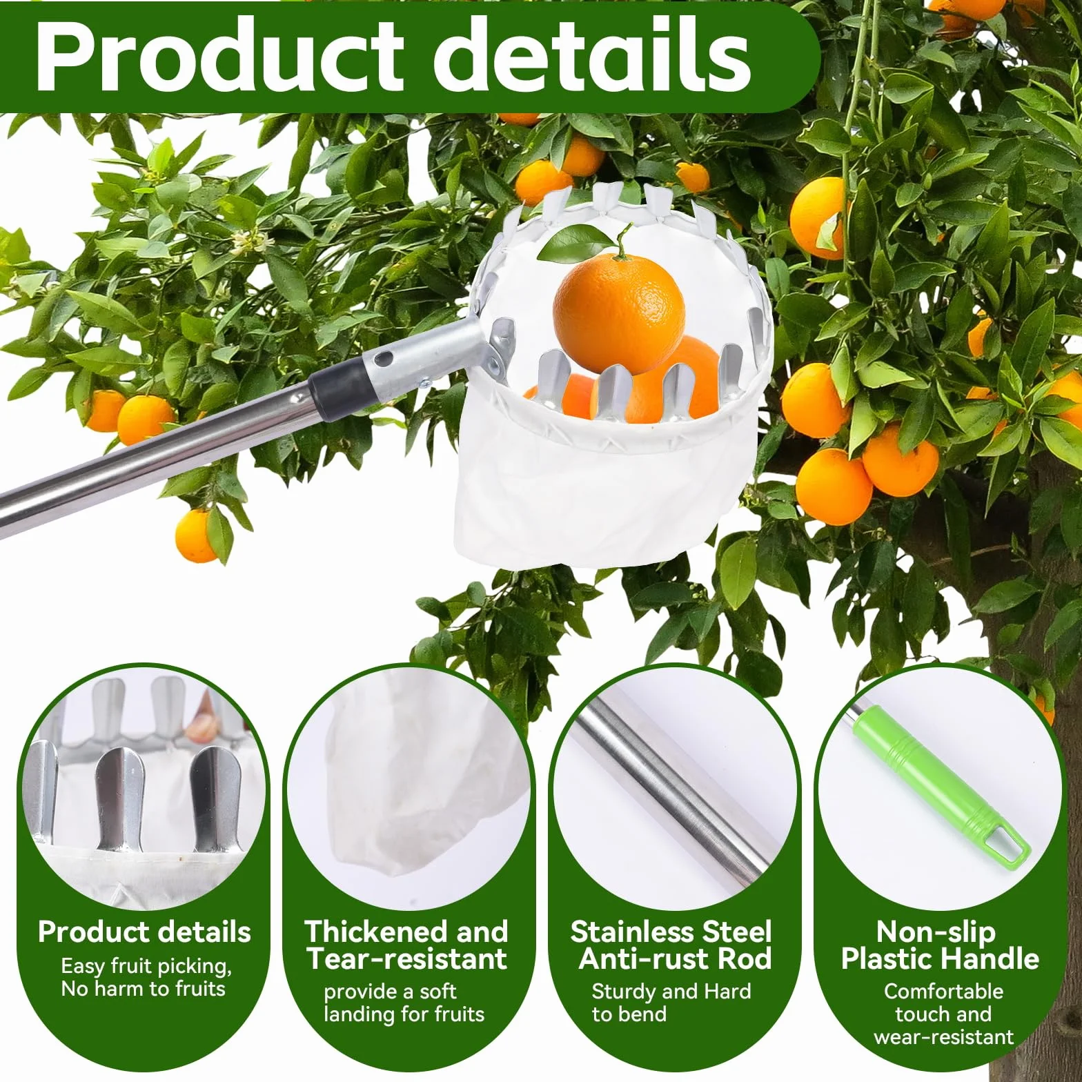 Cueille Fruit Telescopique,Cueilleur de Fruits Amovible,Cueilleur de Fruits Avec Manche Télescopique,Ramasse Fruit de Inox pour la Cueillette des Pommes Oranges Pêches Poires Cerises