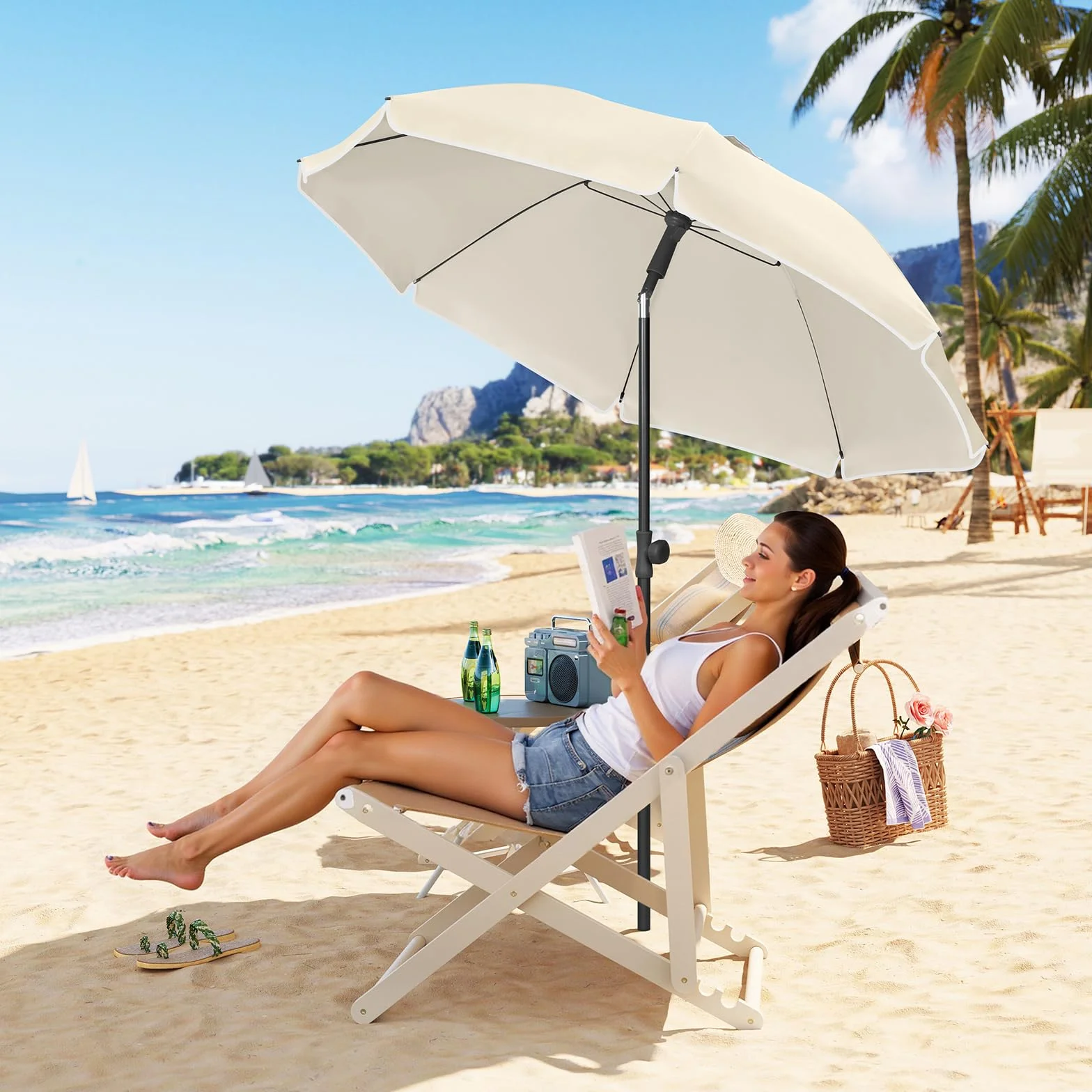Laneetal Parasol de Plage Ø135/155/175cm, Imperméable en Tissu Anti-UV à UPF 50+, Toile Inclinable, Hauteur Réglable, Parasol Rond Anti-Vent pour Balcon/Terrasse/Patio/Piscine
