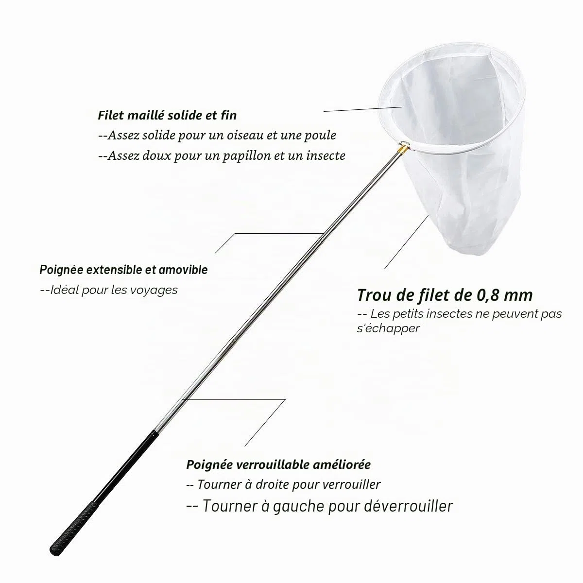 RESTCLOUD Filet à Insectes et Papillons Professionnel avec Anneau de 4,3 m, Profondeur de Filet de 76 m, poignée télescopique de 150 m, Extensible jusqu'à 23 m, verrouillable en Acier Inoxydable