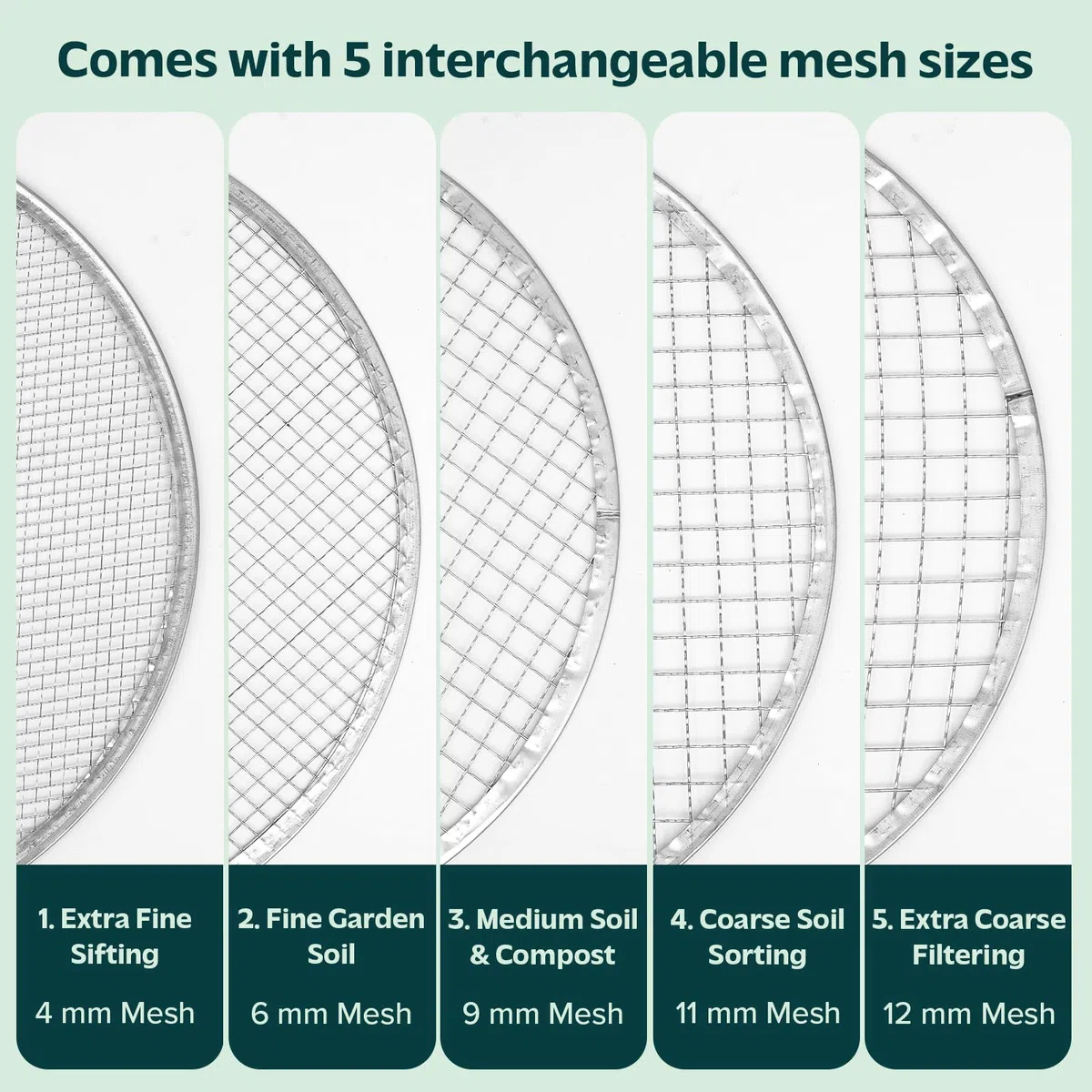 Flatro Tamis de jardin pour terre et pierre | Cadre en acier inoxydable avec 5 inserts interchangeables en maille fine (3 mm, 5 mm, 8 mm, 10 mm, 12 mm) | Tamis de compost de jardin en métal