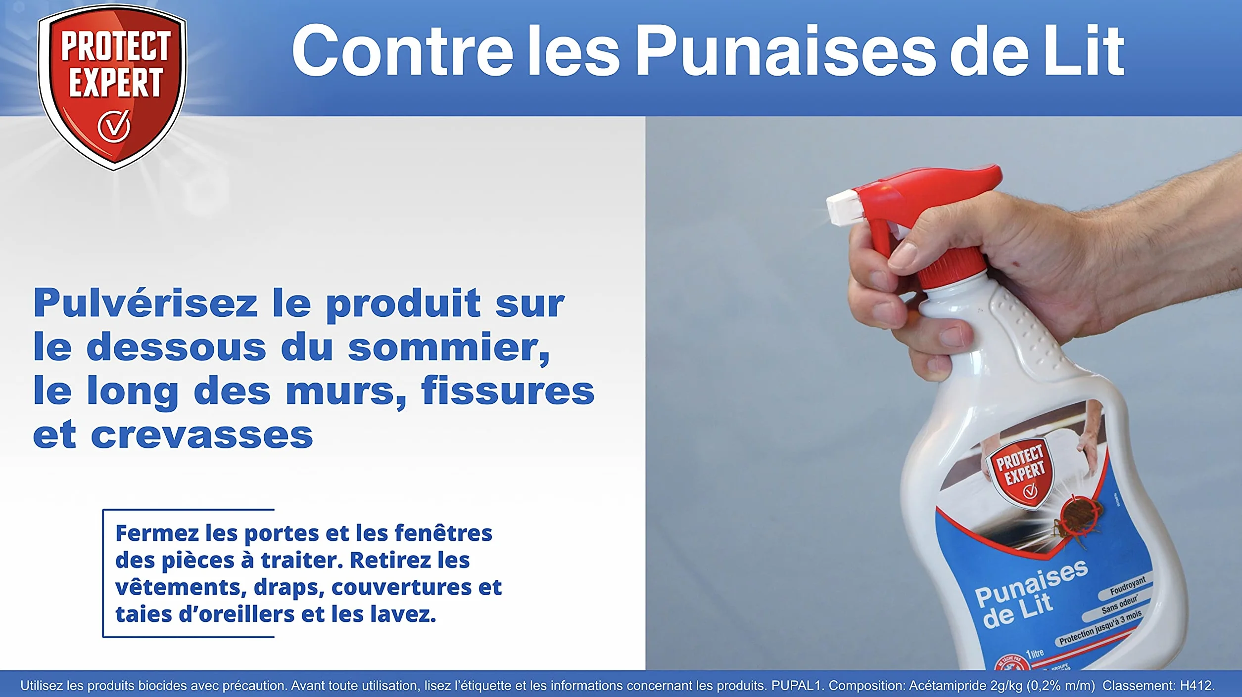 PROTECT EXPERT Anti Punaises De Lits & Acariens - Elimine les punaises de lit Larves et Adultes - Prêt à l'emploi 1L - Efficacité Longue Duré Matelas,canapés... - Ne tâche Pas - PUPAL1 (2X 1L)