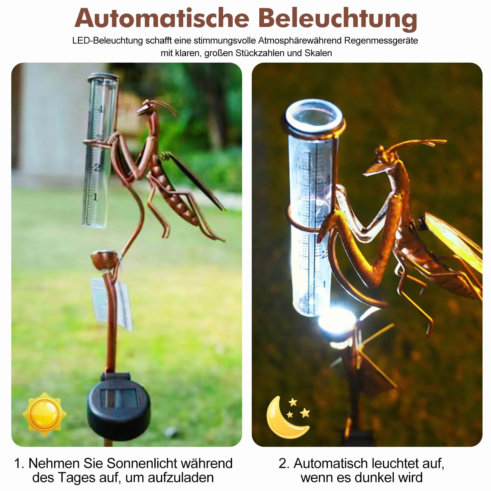 HOSPAOP Pluviomètre Solaire de Jardin avec LED et Piquet – Verre Résistant au Gel, Mesure Précise des Précipitations pour Pelouse, Terrasse, Champs, Patio, Déco Extérieure