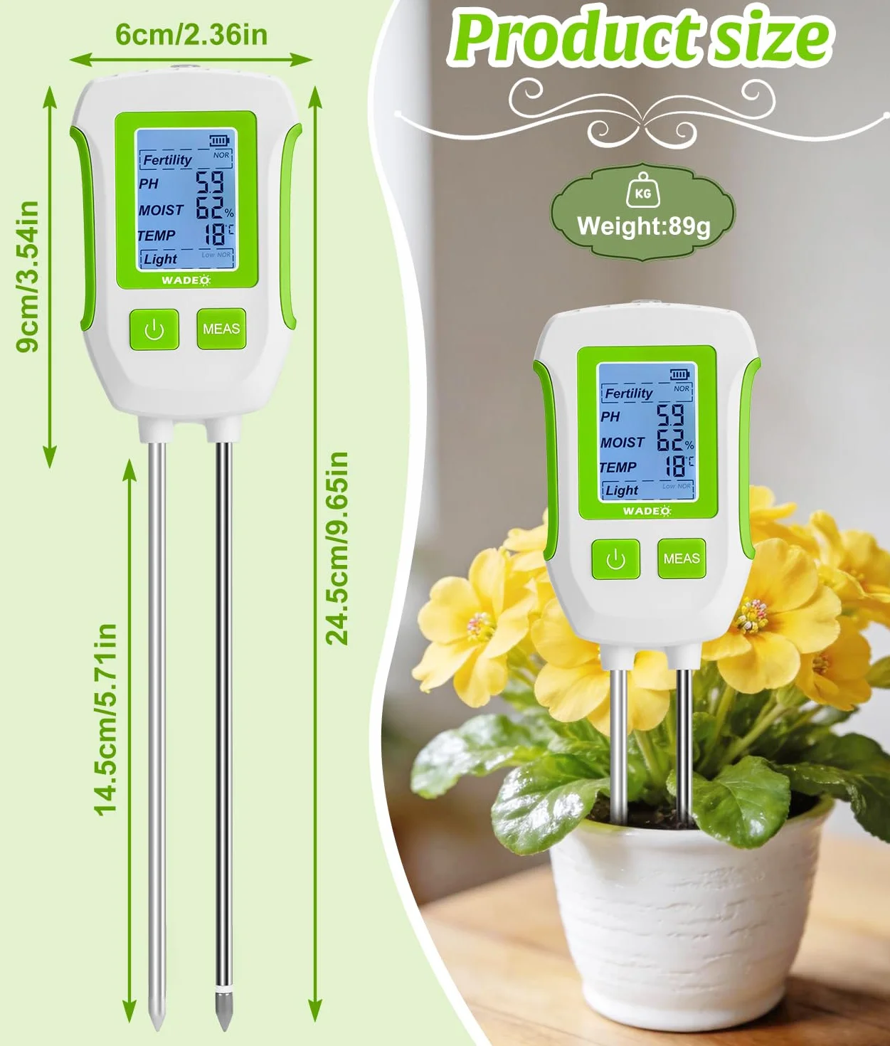 WADEO Testeur de Sol Numérique 5-en-1 avec Écran LCD Rétroéclairé, Mesure Précise du pH, Fertilité, Humidité, Temp. et Lumière, pour Jardinage, Agriculture, Plantes d'Intérieur et d'Extérieur