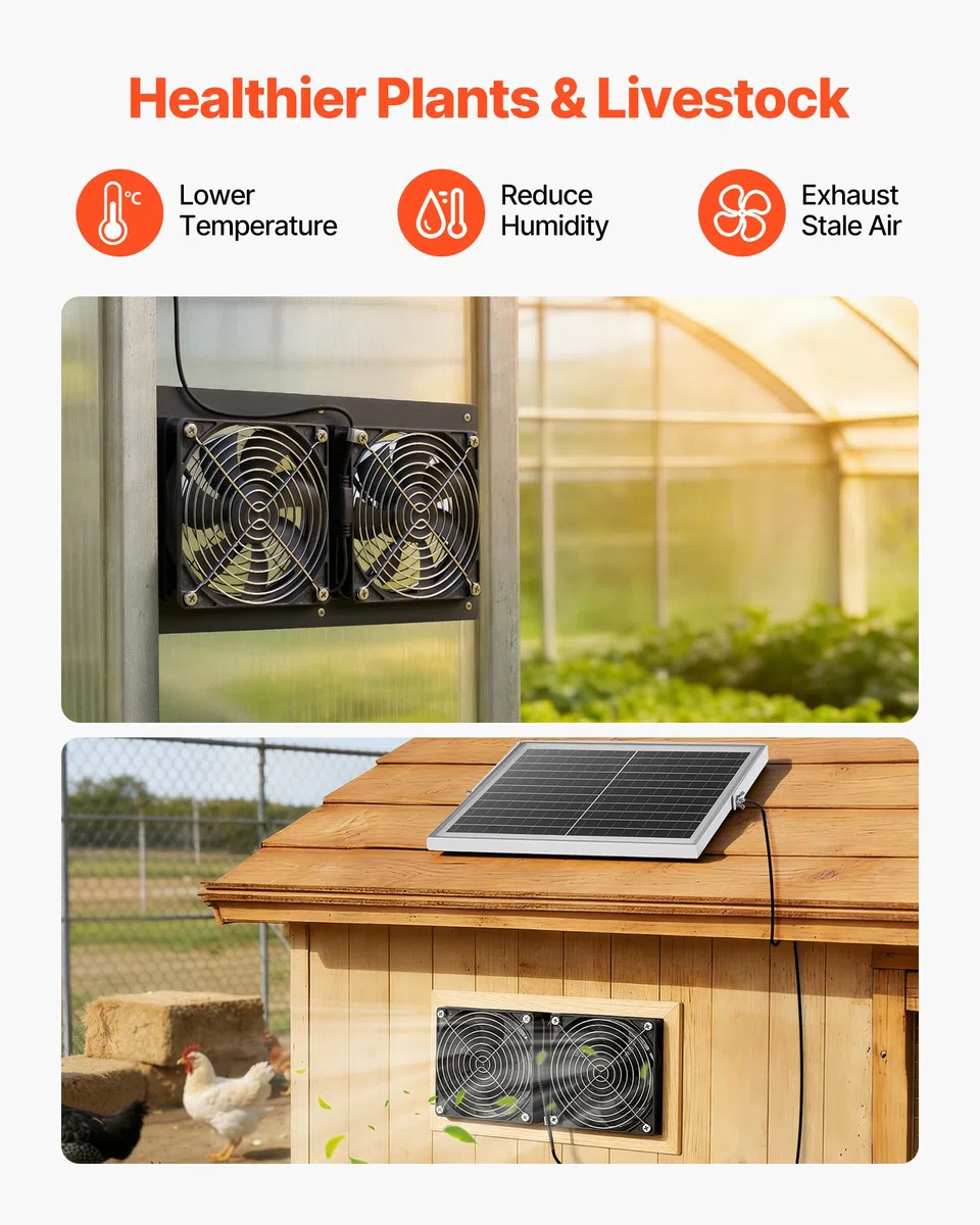 VEVOR Ventilateur Solaire avec Panneau Solaire 15 W et 2 Ventilateurs, Extracteur d'Air, Angle Réglable, 2668 tr/min, pour Serre, Tente de Culture, Abri et Poulailler, Boîtier Alliage Alu Étanche IP65