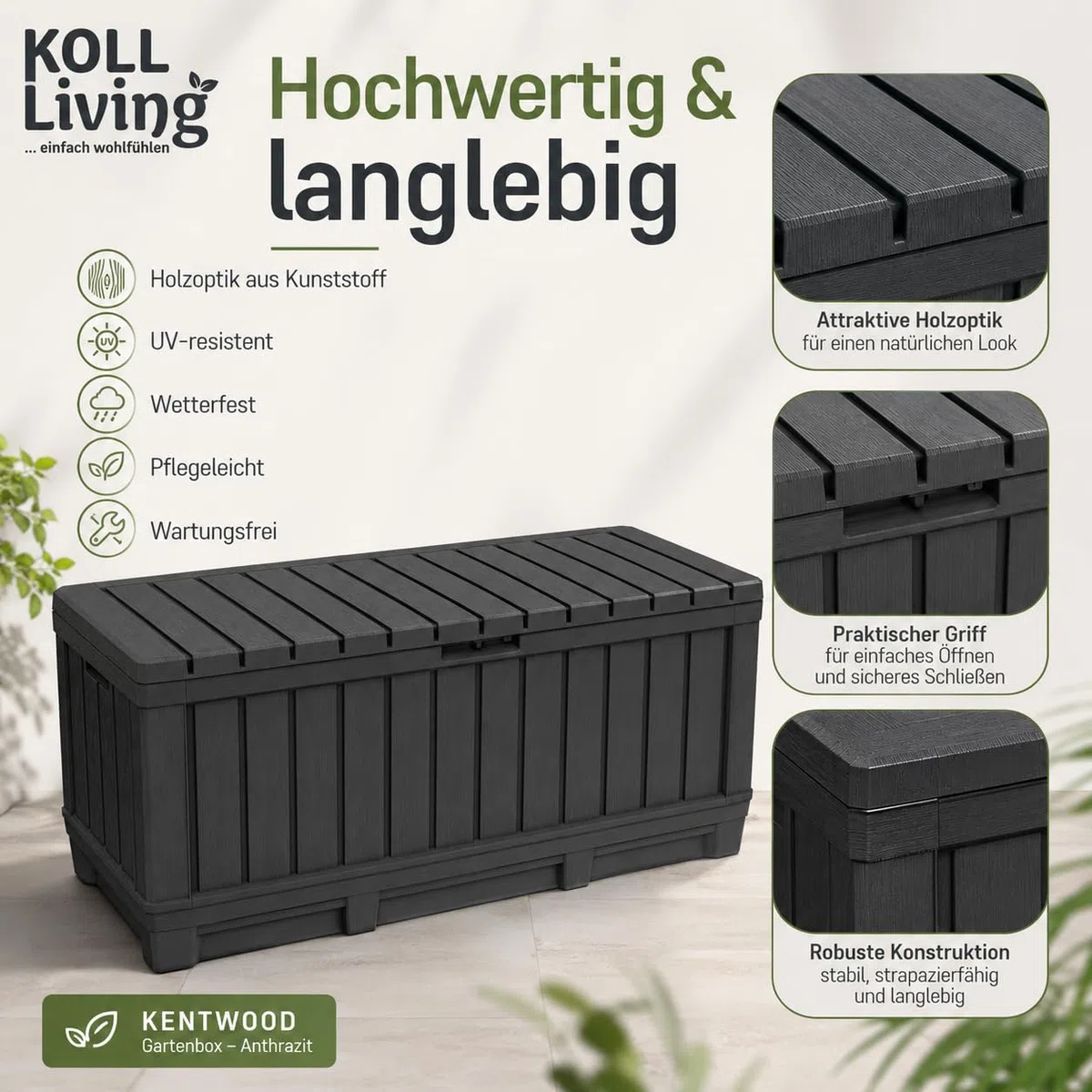Koll Living Boîte de rangement de 350 l Anthracite – Boîte de rangement compacte avec beaucoup d'espace pour coussins, outils de jardin ou jouets pour enfants – Maintient le contenu au sec
