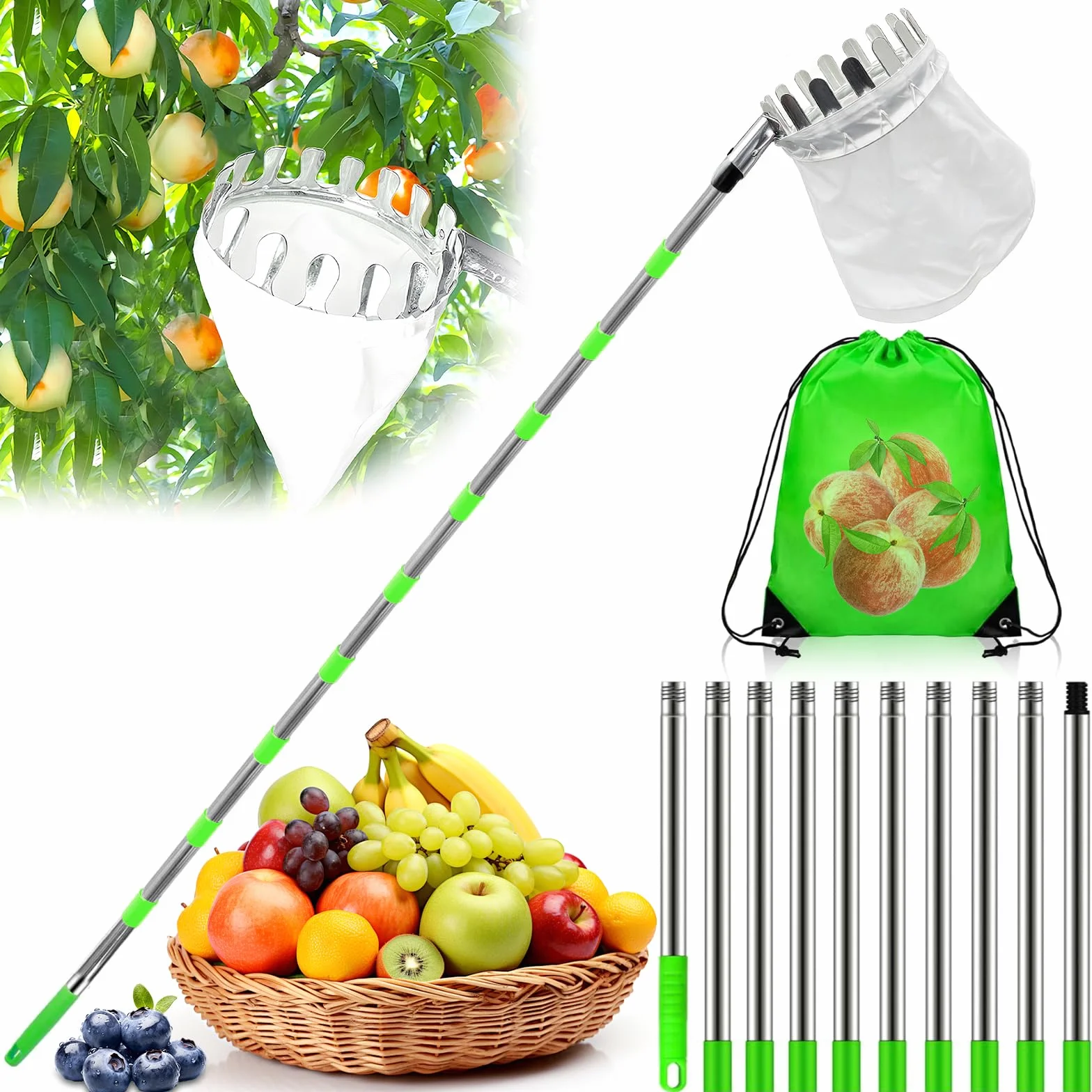 Cueille Fruit Telescopique, Cueille Fruit Avec Manche Télescopique 3.8m, Cueille-Fruits En Acier Inoxydable Avec Sac En Coton, Poteau Réglable Cueille Fruit Pour Pommes Poires Oranges Pêches