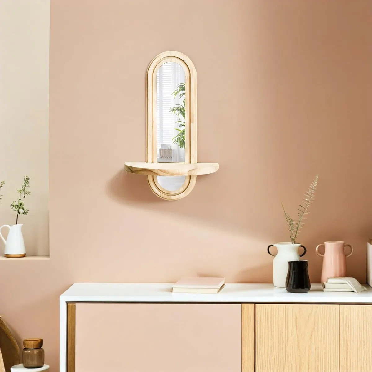 ORFOFE 2 Pièces Étagères Murales Bois avec Miroir Réfléchissant Support Plante Suspendu à Fente Robuste pour Chambre Salon Entrée Salle de Bain