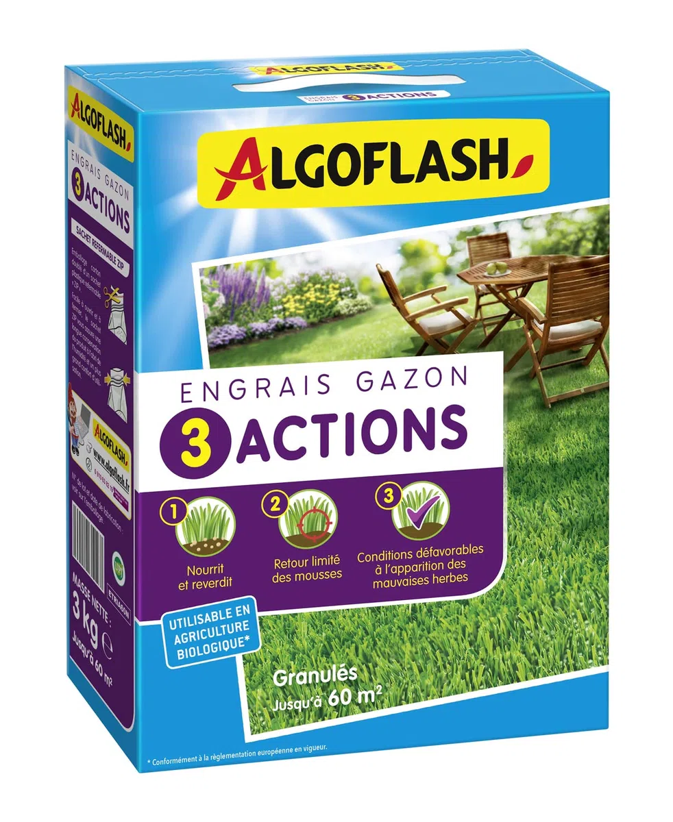 ALGOFLASH Engrais Gazon 3 Actions, Jusqu'à 60m², 3 kg, ETRIA60N