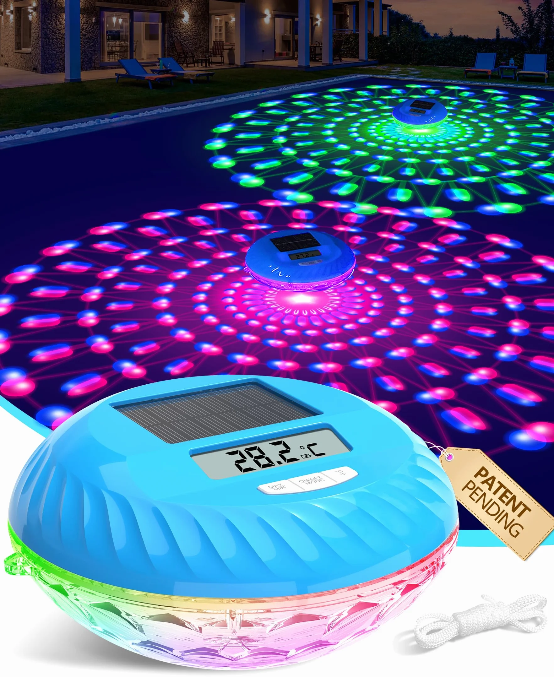 LuxBlue 2 en 1 Thermometre Piscine Solaire et Lampe Piscines, Thermometre Piscine Flottante avec Spectacle Lumineux Sous-marin Coloré, IP68 Ultra-précis Thermometres Piscines Numérique Facile à Lire