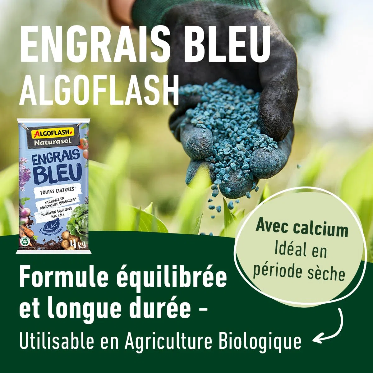 ALGOFLASH NATURASOL Engrais Bleu, Utilisable en Agriculture Biologique, Toutes Cultures, 4 kg, ABIOBLEU4