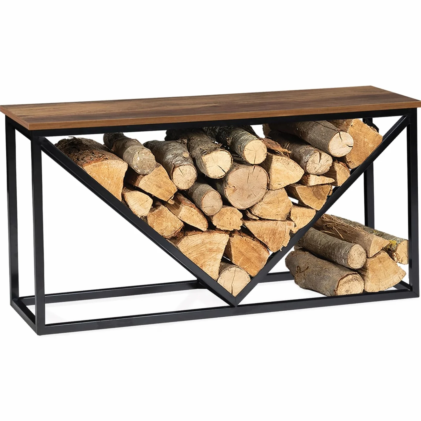 IDMarket - Range bûches Horizontal Hawkins Acier Noir Plateau Bois foncé pour cheminée