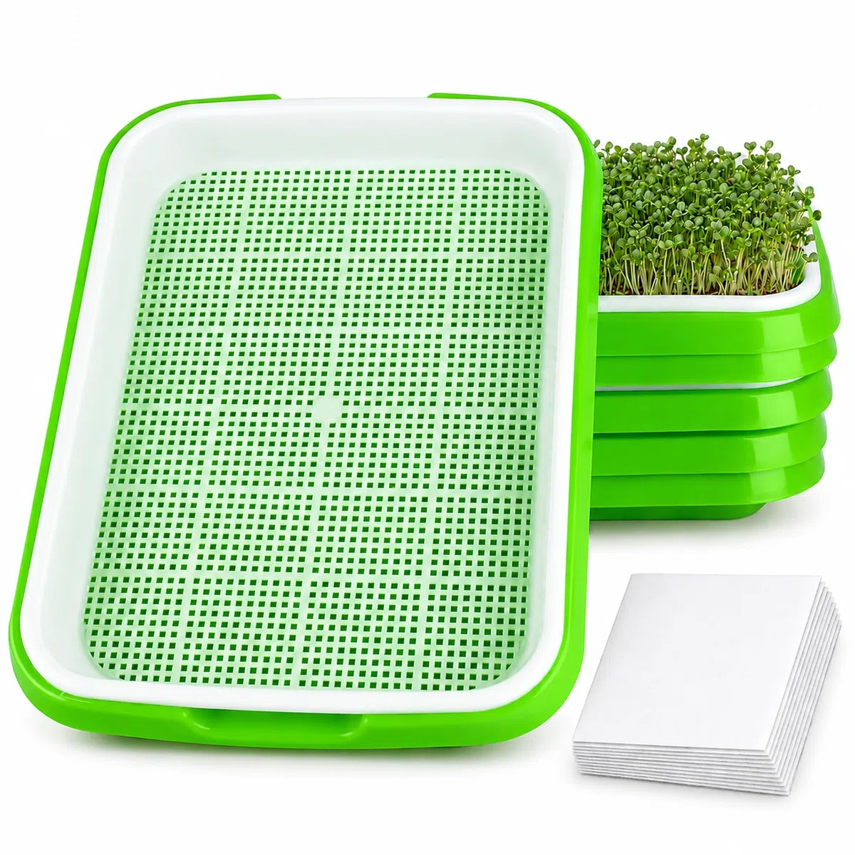 6 Plateaux de Germination 34×25 cm, Germoir pour graines à germer, 24 Feuilles incluses, Micro pousses avec Drainage Fin Anti-moisissure, pour Luzerne blé Radis et Haricots Mungo