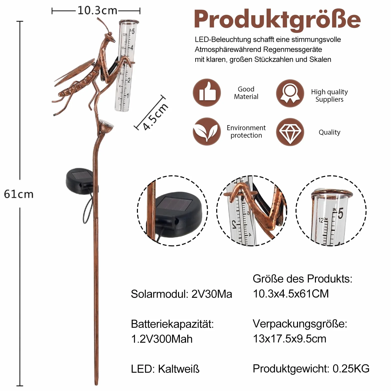 HOSPAOP Pluviomètre Solaire de Jardin avec LED et Piquet – Verre Résistant au Gel, Mesure Précise des Précipitations pour Pelouse, Terrasse, Champs, Patio, Déco Extérieure