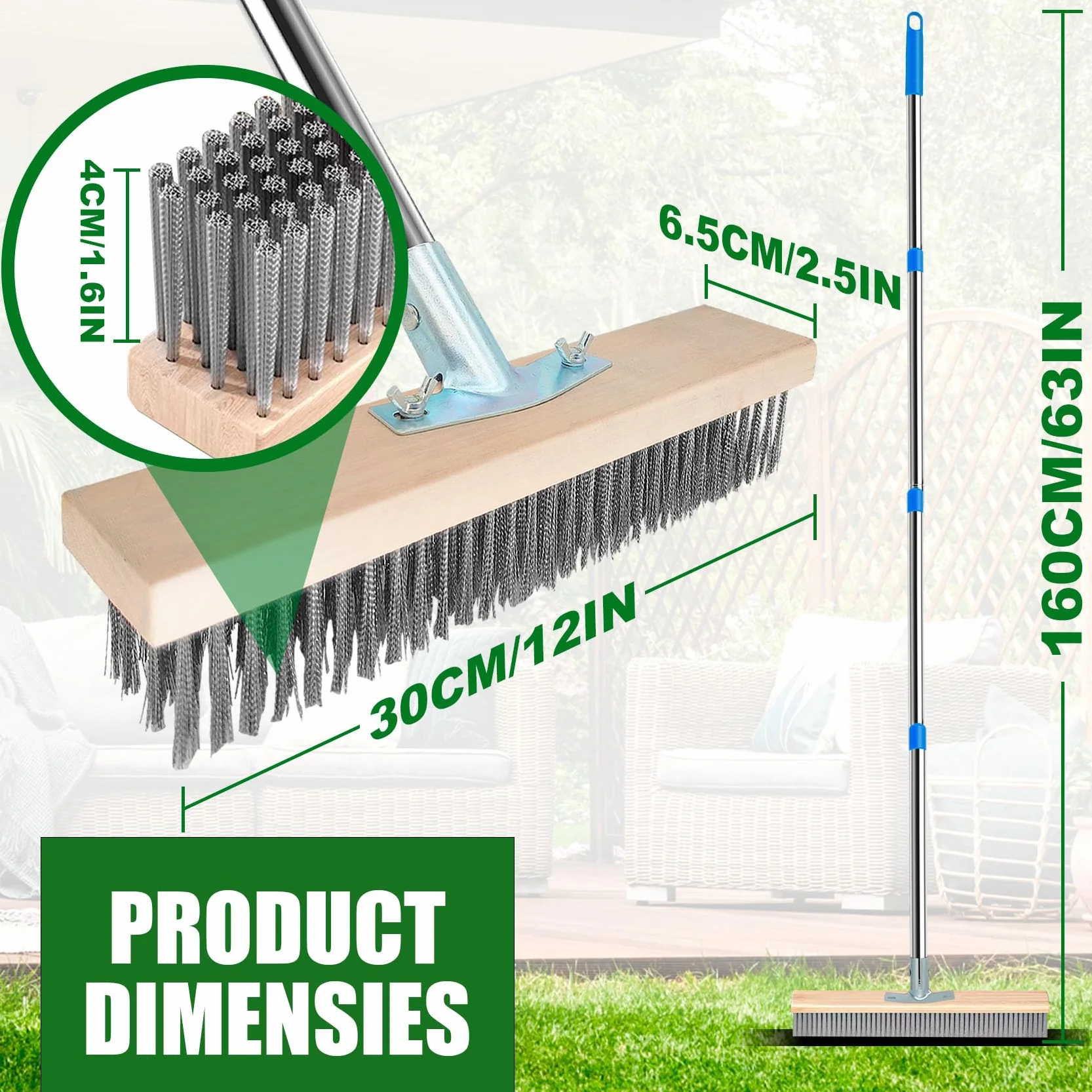 Balai Brosse Métallique Extérieur avec Manche Télescopique - Balai de Terrasse Puissant pour Enlever Saletés, Feuilles Mortes, Idéal Jardin, Allée, Toiture (Poils Durs)