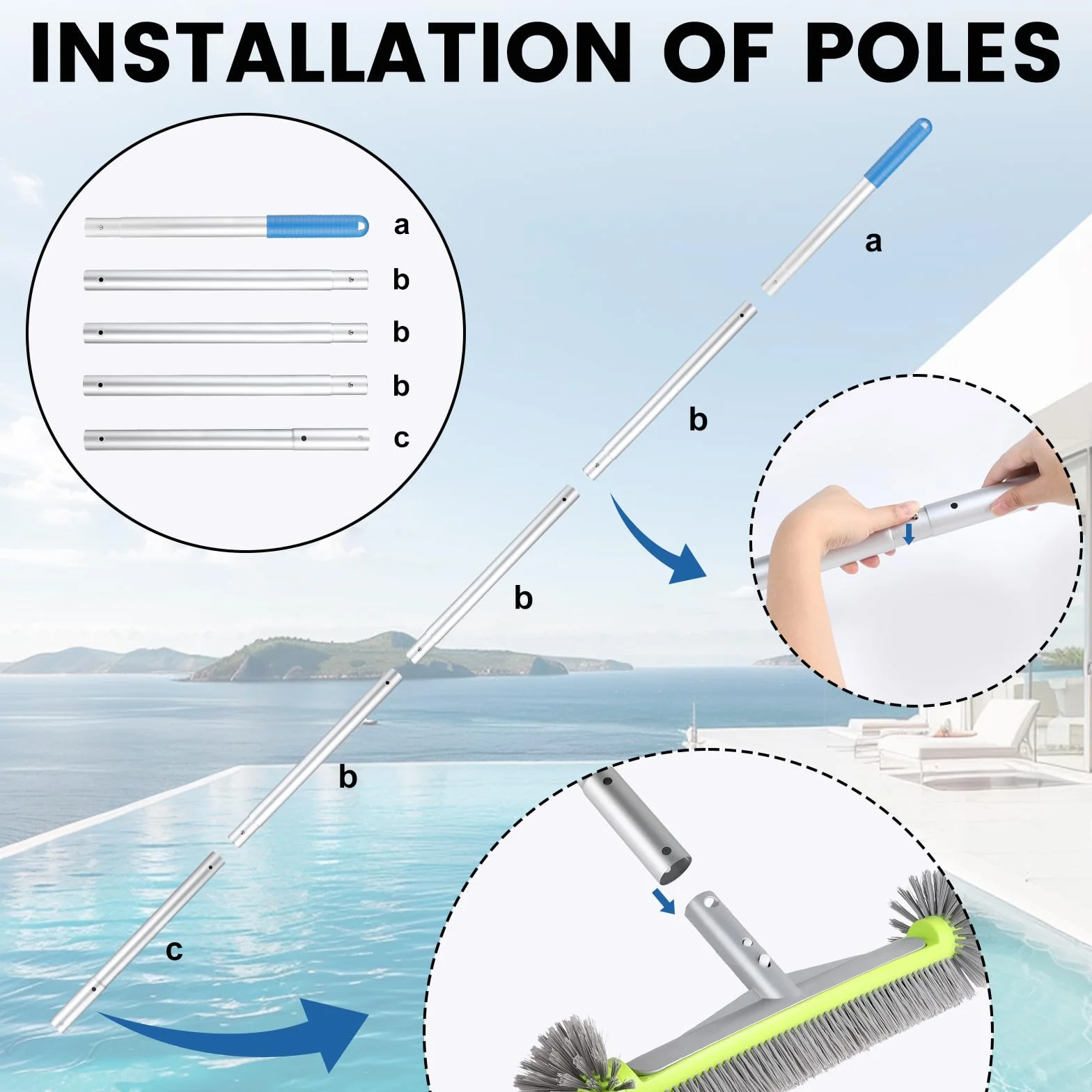 LALAGO Brosse Piscine Ronde, Tête de Brosse de Piscine avec Perche Amovible, avec Les Poils Hémisphériques, Brosses à Récurer pour Mur et Carrelage, Brosses pour Salles (avec Perche)