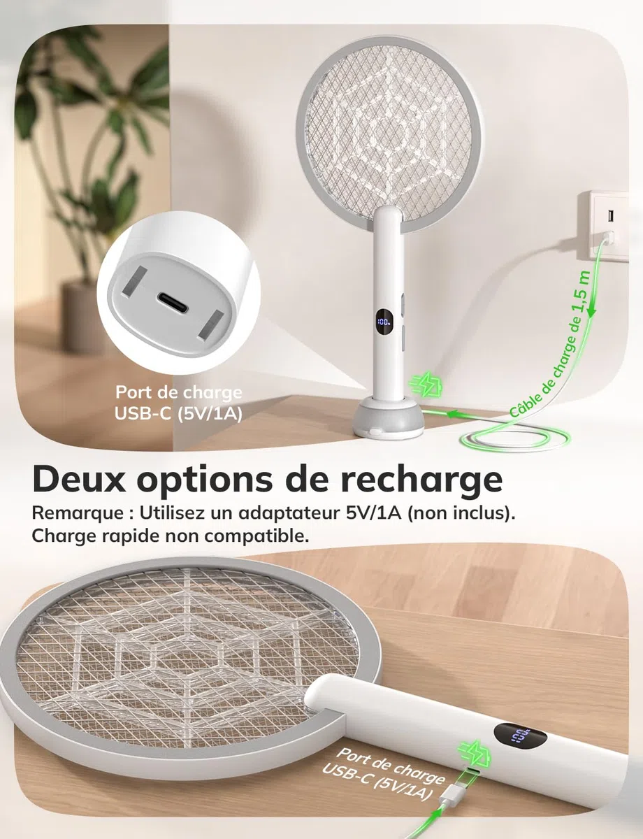 YISSVIC Raquette Electrique Insectes 1800mAh Raquette Anti Moustique 4000V Tapette à Mouche Puissante ave Base Lumineuse Rechargeable USB-C Élimine Moustiques Mites Fourmis Volantes (Blanc)