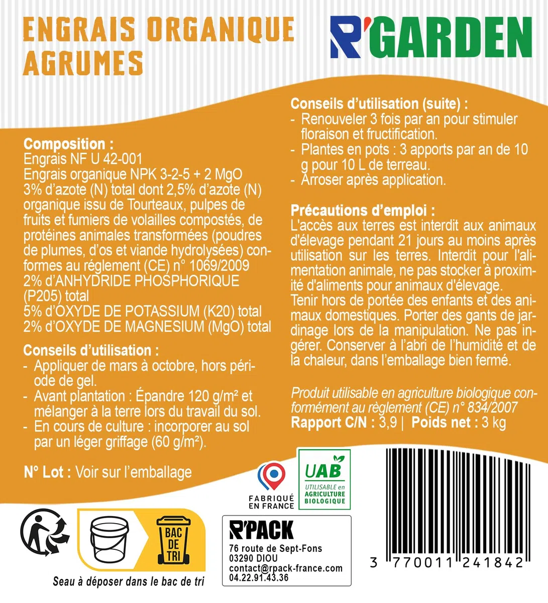 R’GARDEN – Engrais Organique Agrumes | Fertilisant Naturel pour Citronniers, Orangers et Mandariniers | Récoltes Abondantes | UAB – Fabriqué en France (3 KG)