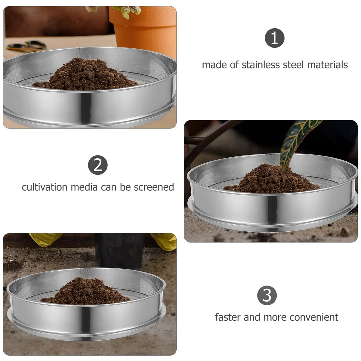 Tamis de Jardin en Acier Inoxydable 30cm, Filtre à Terreau Rond Maille 4mm 6 Trous, Passerelle Gravier Compost Sable Outil Tamisage pour Terre Cailloux Semis Plante
