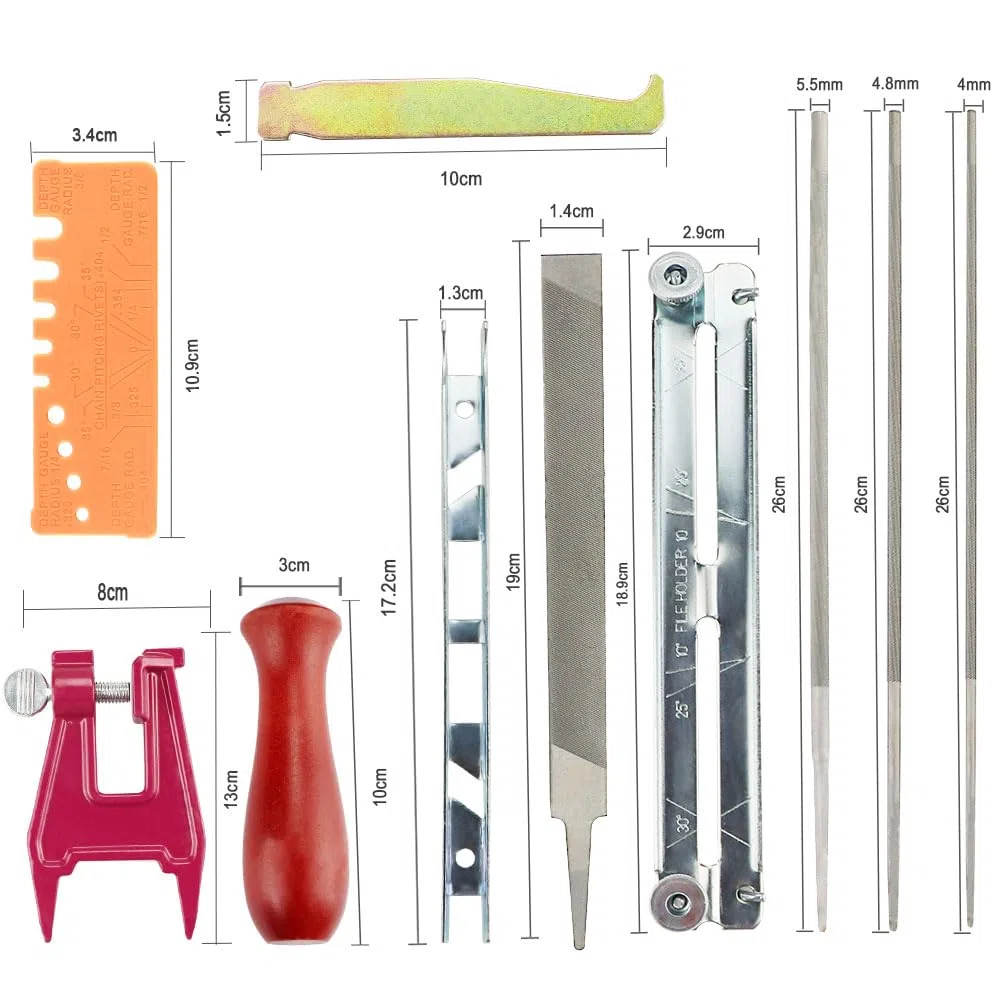 Affuteuse de Tronçonneuse Kit d'affûtage de chaîne de tronçonneuse, avec Lames Rondes, Lime Plate, Souche de Tronçonneuse, Poignées en Bois, Jauge de Profondeur, Nettoyeur de Rainure et autres