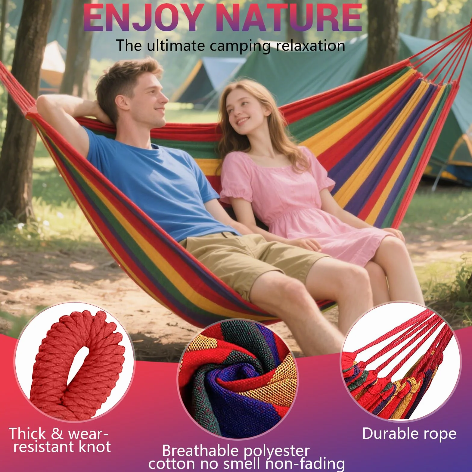 Hamac de Camping Extérieur, Hamac Double 200x150cm, Capacité de Charge 250kg, avec Sac de Transport, Sangles en Nylon et Mousquetons, pour Camping, Jardin, Plage, Intérieur, Balcon, Voyage