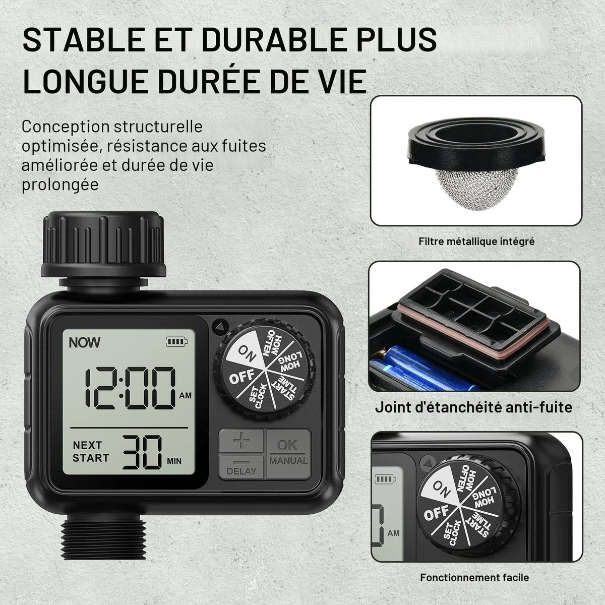 Ordinateur d'irrigation, minuteur d'arrosage avec Retard de Pluie/Mode Automatique et Manuel, IPX5 étanche/Grand écran LCD, minuterie d'eau pour Jardin, pelouse (1 Sorties)