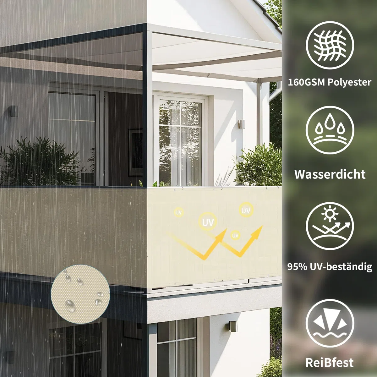 Shade&Beyond Brise Vue Balcon 100x500cm Imperméable, Protection UV, Résistant au Vent, avec Trous et Serre-Câbles pour Terrasse Extérieure,Blanc cassé