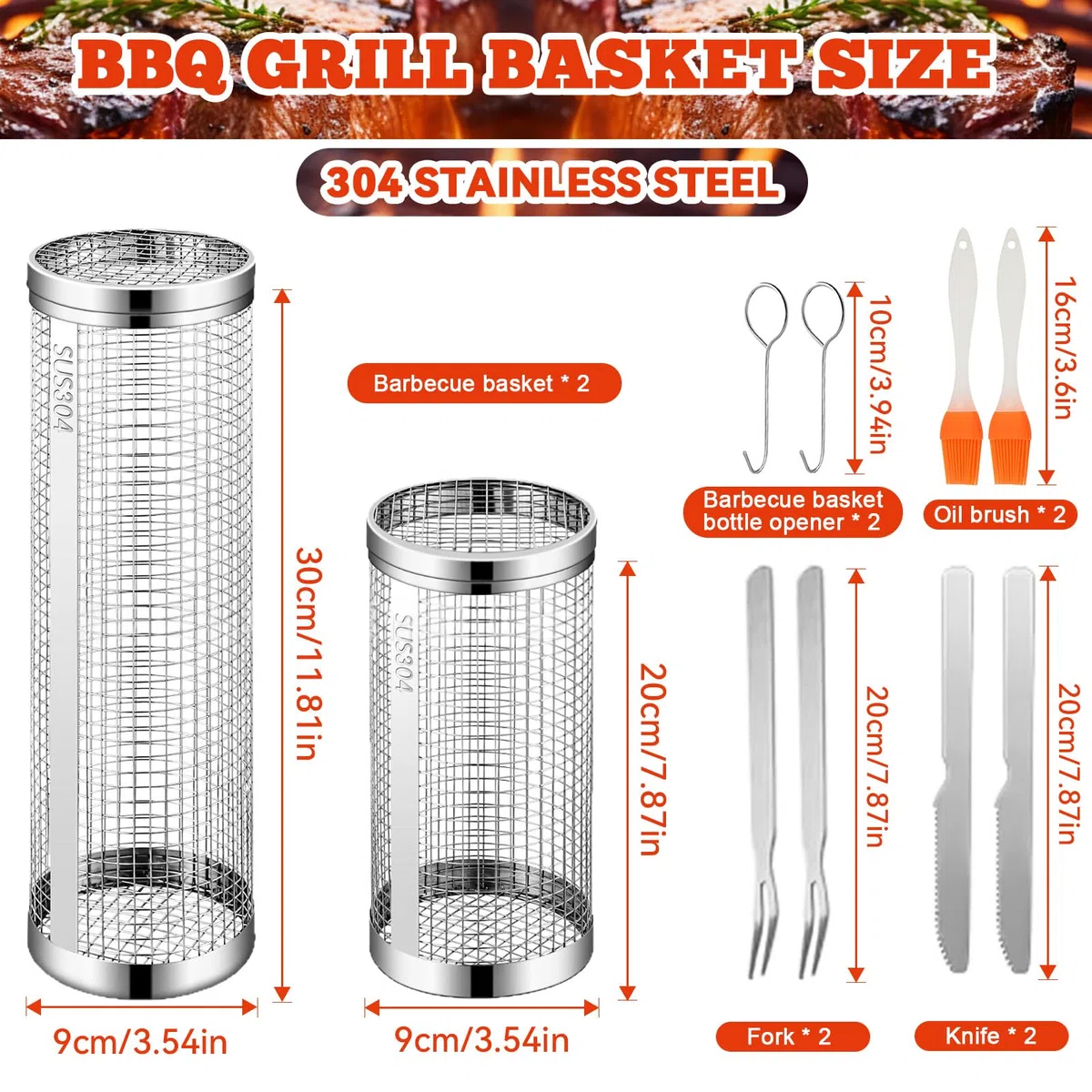Panier à Griller Roulant 2 Pièces, Acier Inoxydable 304 avec Support & Brosse, pour Légumes, Frites, Poisson, Accessoires Grill pour Extérieur Camping Jardin, Cadeau Homme ou Papa