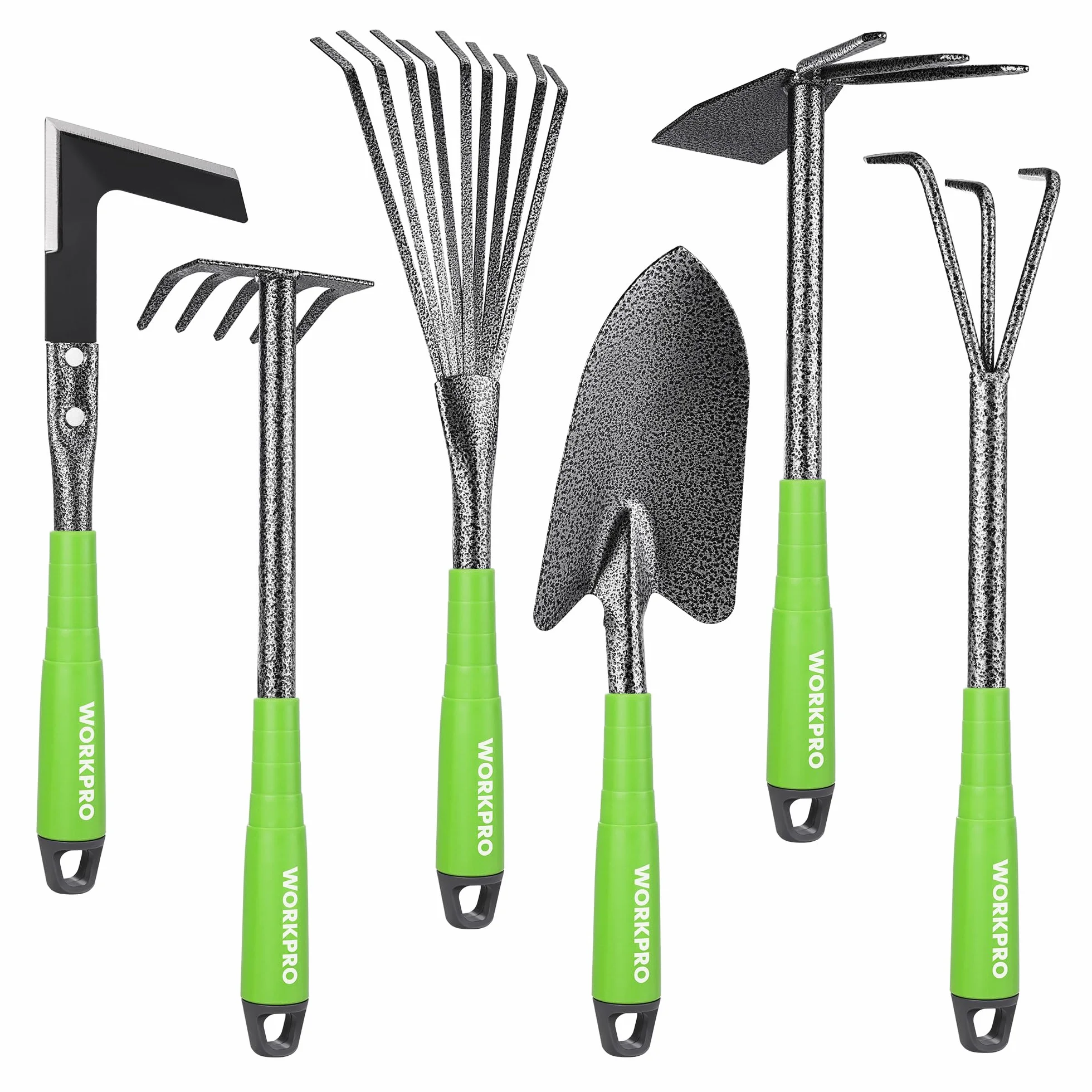WORKPRO Outils de Jardinage 6 Pièces, Kit d'outils de Jardin en Acier Inoxydable avec Houe 2-en-1, Treulle, Râteaux, Couteau Désherbeur, Finition Martelée, pour Taille et Entretien, Cadeaux de Jardin