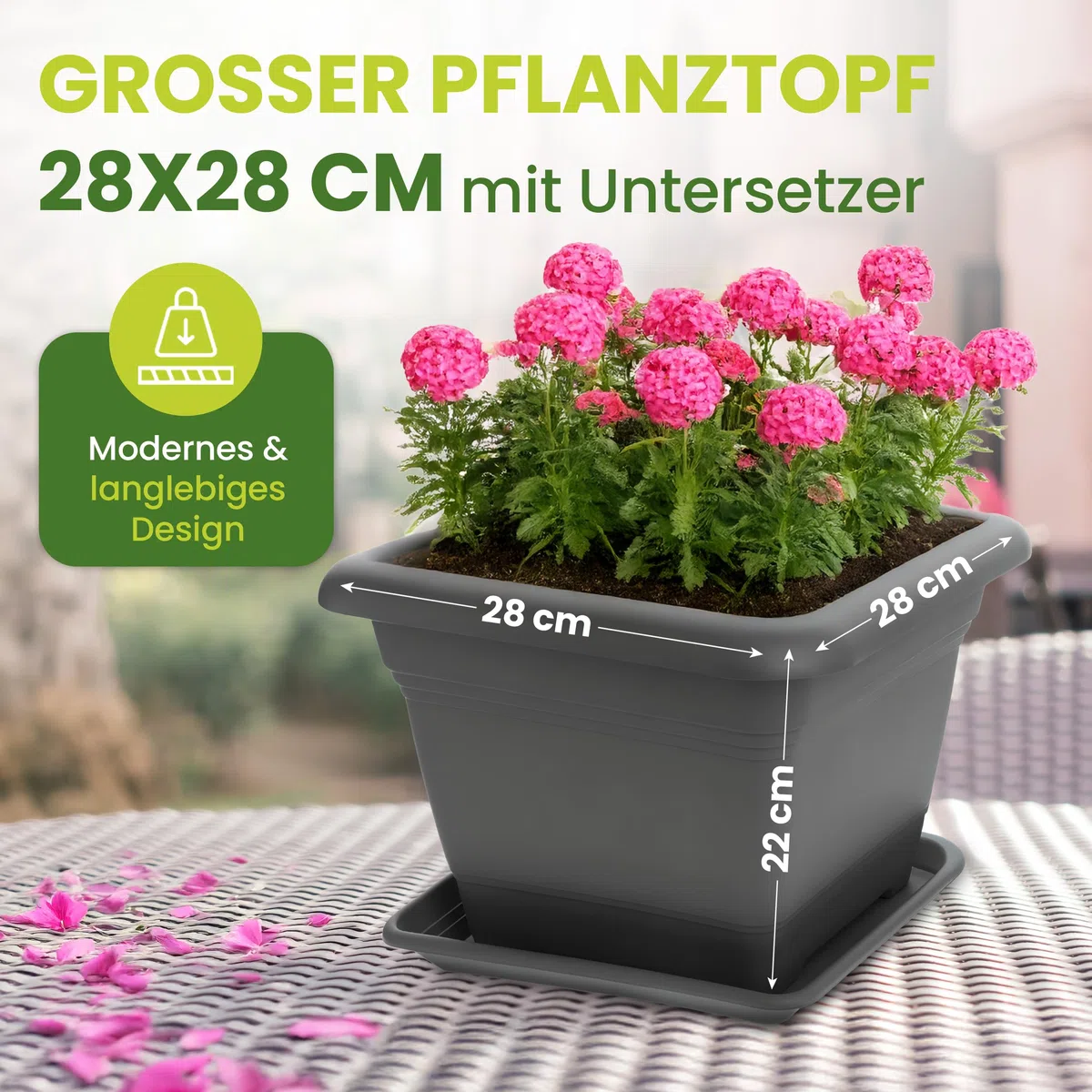 SUSTANIA Lot de 4 pots de fleurs - Grand format - Avec soucoupe - 28 x 28 cm - Carré - 16 l - Grand pot à plantes extérieur - Fabriqué en Allemagne - Anthracite