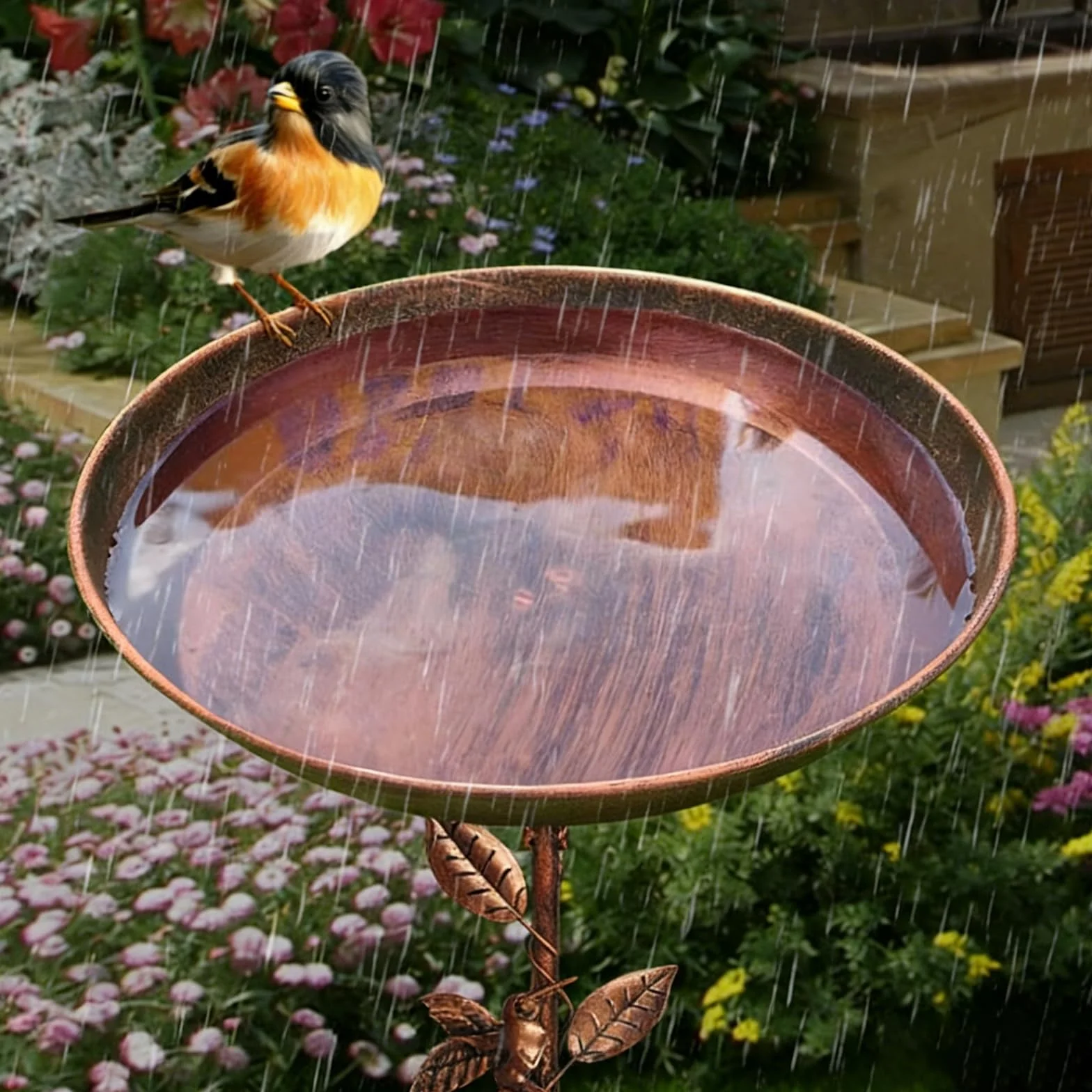 Bain d'oiseaux debout pour oiseaux - Bain d'oiseaux pour le jardin - Bain d'oiseaux avec oiseau et feuille - Base améliorée à 5 dents - En métal - Pour terrasse, cour, décoration de pelouse
