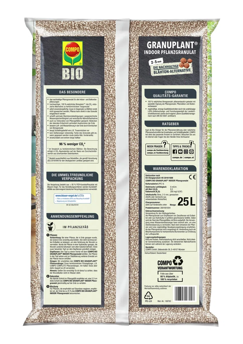 COMPO Bio Granuplant Granuplant, granulés de Drainage et de Plantation d'intérieur - Pierre Ponce 100% Naturelle - Alternative Durable à l'argile expansée - 6 litres