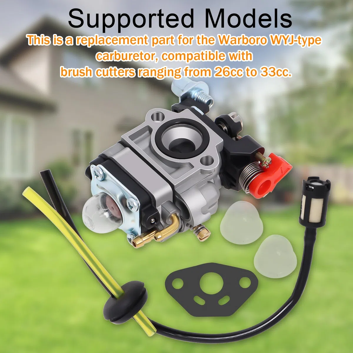 Carburateur Compatible avec Walbro Type WYJ 26cc-33cc Débroussailleuses et Tondeuses à Gazon avec Entretoise de Pompe Primaire Ensemble de Tuyaux de Carburant Déplacement par Poweka