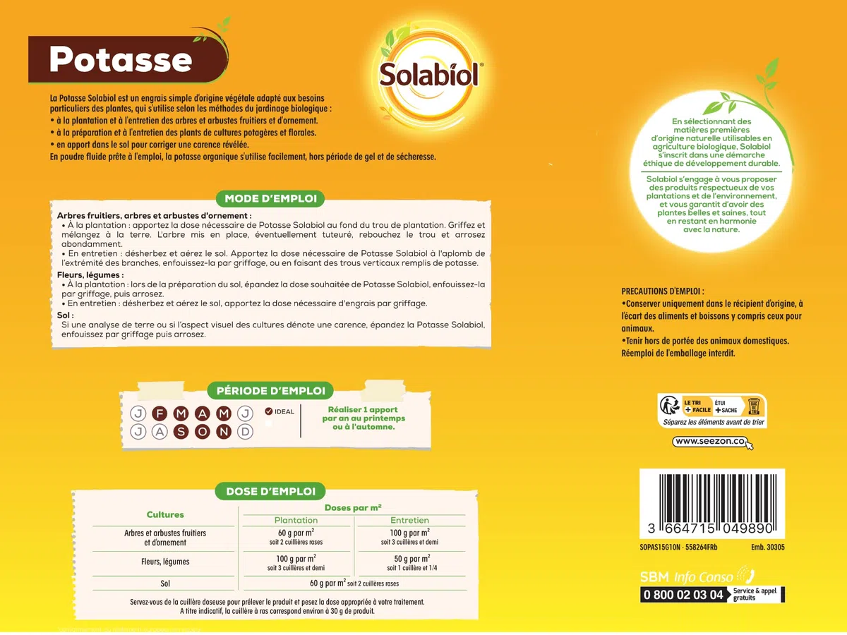 Solabiol Engrais Potasse - 1,5Kg - Jusqu'à 30m² - Améliore La Fructification - Facile A Épandre - pour Toutes Les Cultures - Utilisable en Agriculture Biologique SOPAS15G10N