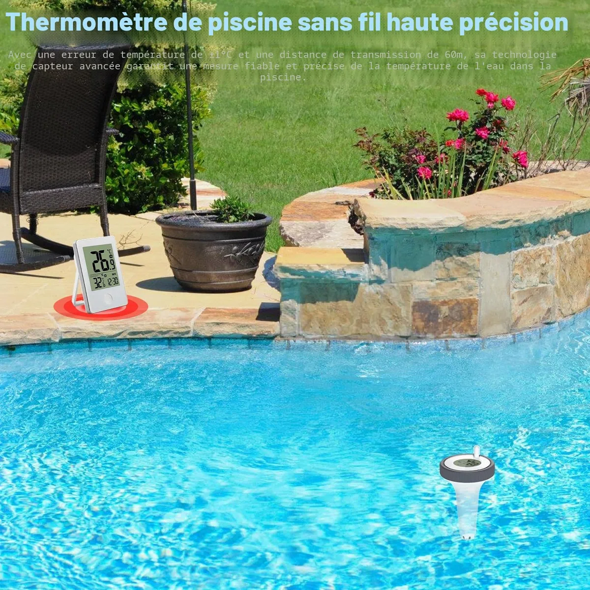 Thermomètre numérique de piscine sans fil : thermomètre flottant avec moniteur de température intérieure, thermomètre de natation pour piscines, aquarium, baignoire, étang, installation