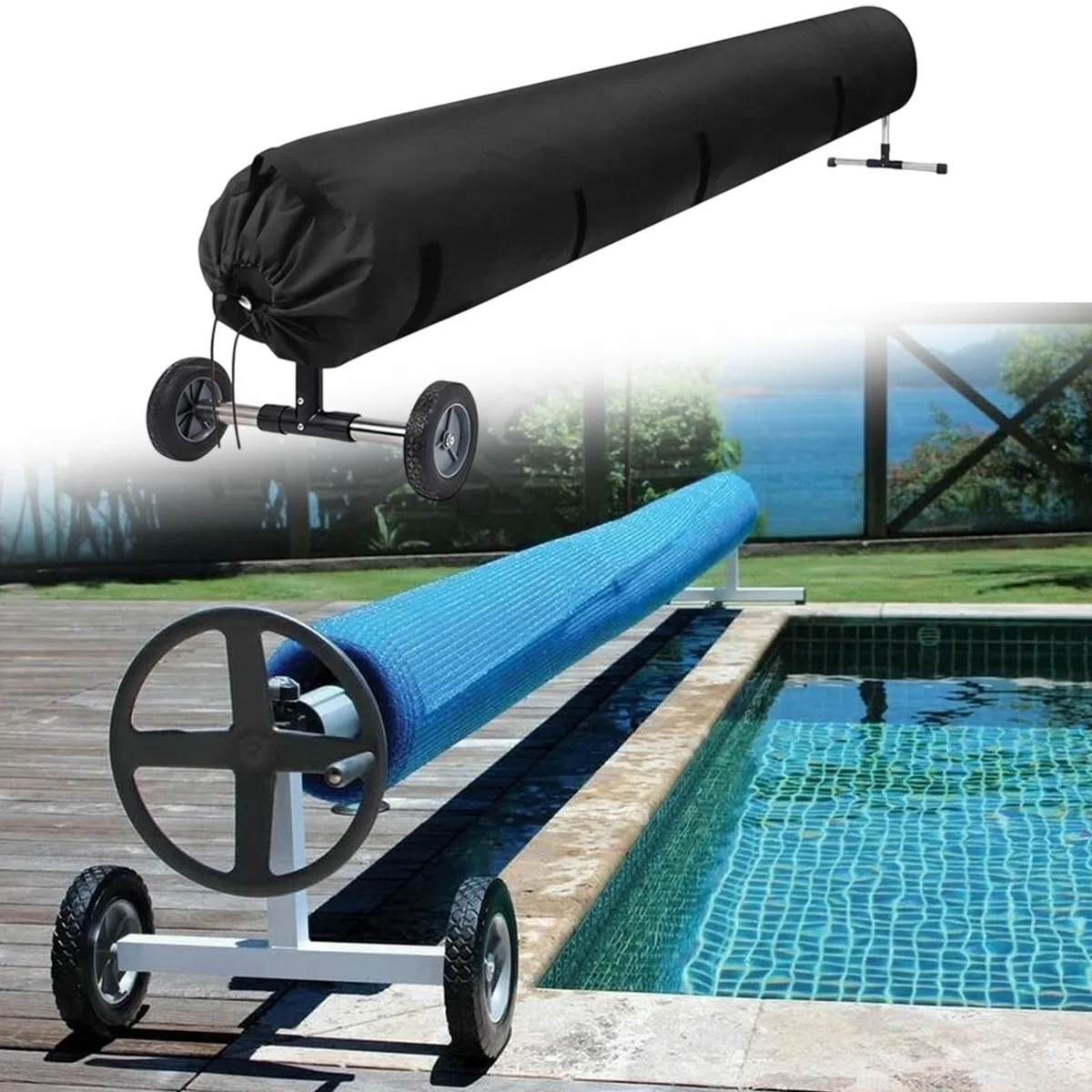 Housse De Protection pour Enrouleur Solaire De Piscine, 16FT/18FT Bâche De Protection en Tissu Oxford pour Enrouleur, Couvertures Étanche, Anti-Vent/Pluie/Poussière/UV pour Jardin, Piscine