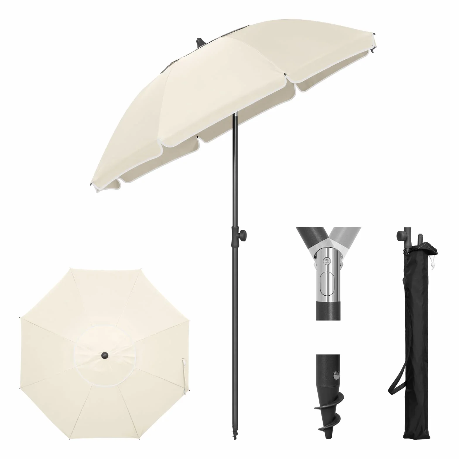 Laneetal Parasol de Plage Ø135/155/175cm, Imperméable en Tissu Anti-UV à UPF 50+, Toile Inclinable, Hauteur Réglable, Parasol Rond Anti-Vent pour Balcon/Terrasse/Patio/Piscine