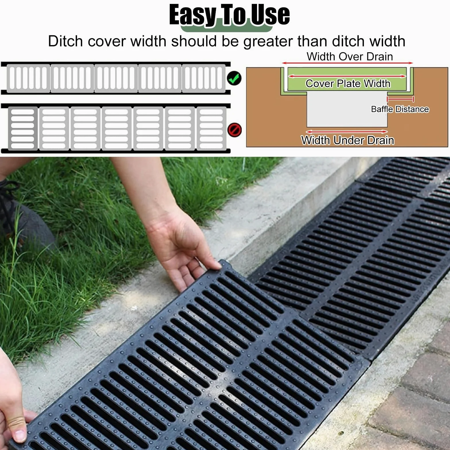Caniveau Exterieur Grille de Drainage à Canal Étroit de 10 cm de Largeur, Plaque de Tranchée de Drainage en PEHD avec Grille, Couvercle de Canal de Drainage de Gouttière pour Le Côté de La Maison
