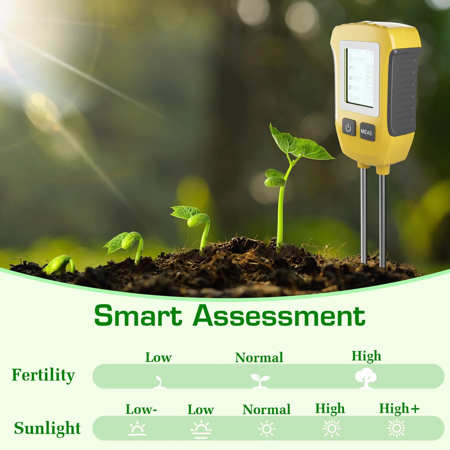Testeur d'humidité pour Plantes 5 en 1,Humidimètre pour Fertilité/PH/Humidité du Sol/Température/Intensité de la Lumière du Soleil, Hygrometre pour Plantes avec Écran LCD Rétro-Éclairé