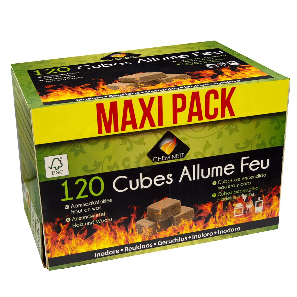 MAXIPACK CHEMINETT 15720-12 Cubes d'allumage écologiques - Boîte de 120 Cubes naturels pour Allumer Le feu de cheminées, poêles et/ou cheminées (Lot de 2)