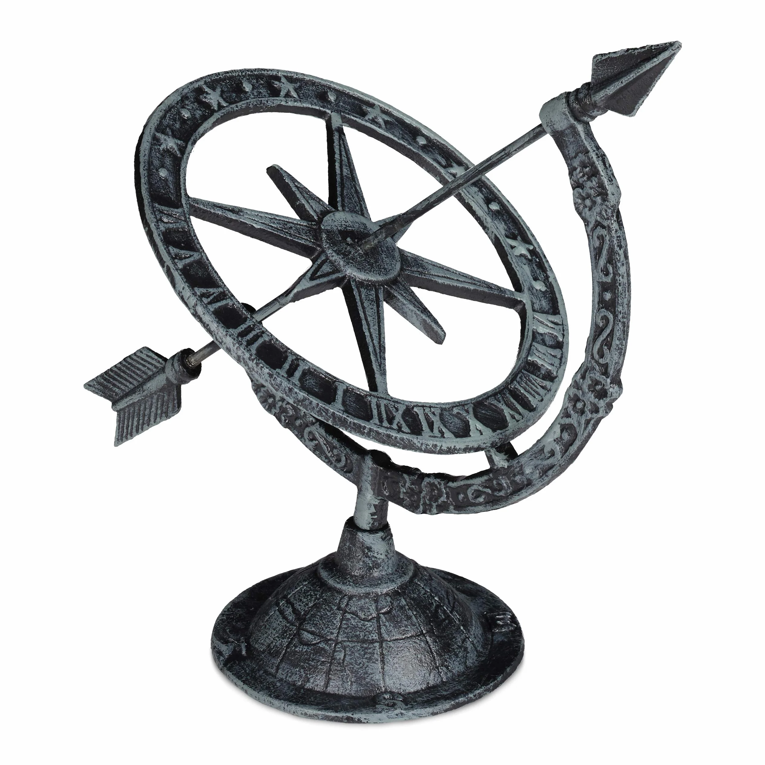 Relaxdays Cadran Solaire de Jardin, Fonte de Fer, Horloge Soleil au Design Antique, résistant, 27 x 26 x 18 cm, Gris
